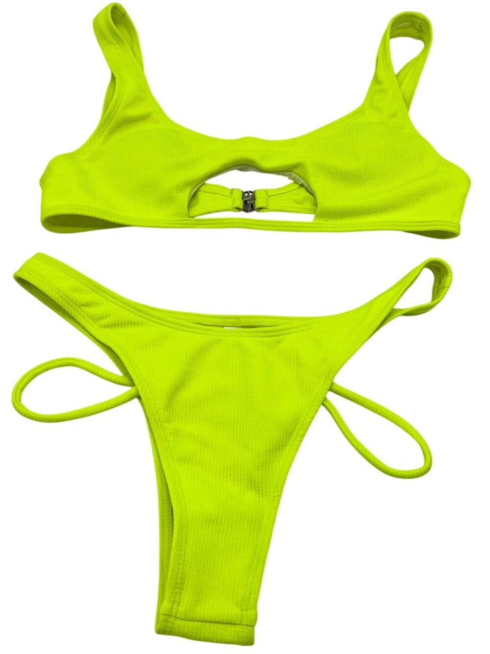 Women's 2 Piece Bikini Set Cutout Top High Leg Bottom Sz XL Neon Green